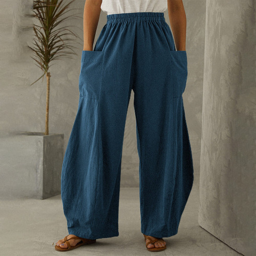 Wide Leg Trousers Autumn Pants Women Vintage Elastic Waist Solid Casual Cotton Linen