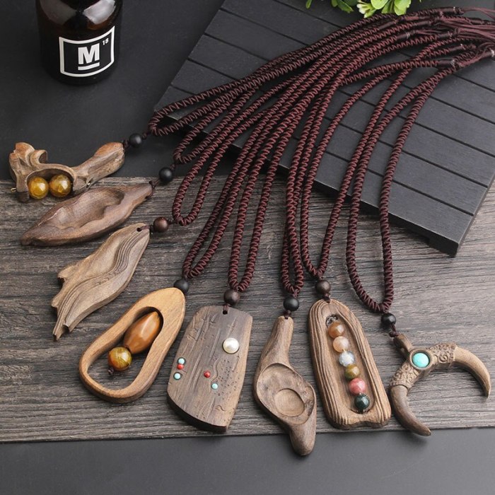 National Style Retro Long Sweater Chain Necklace Simple Handmade Wooden Pendant