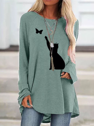 Women's thin pullover fashion O-neck cat print mid-length long-sleeved pullover