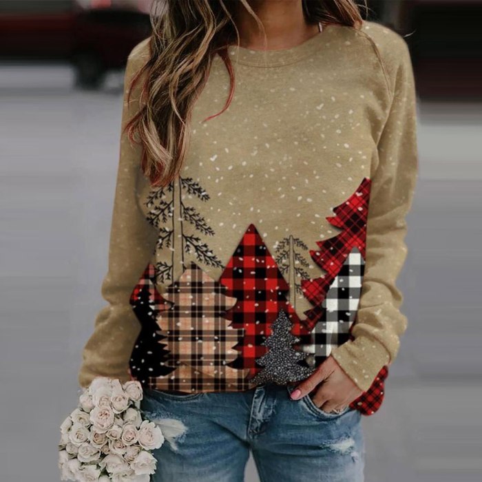 Women's winter pullover sweater pattern printing long-sleeved round neck pullover
