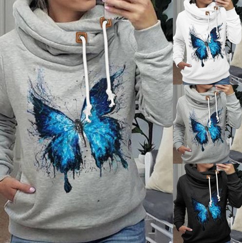 Women's winter hooded butterfly element printing high collar to keep warm