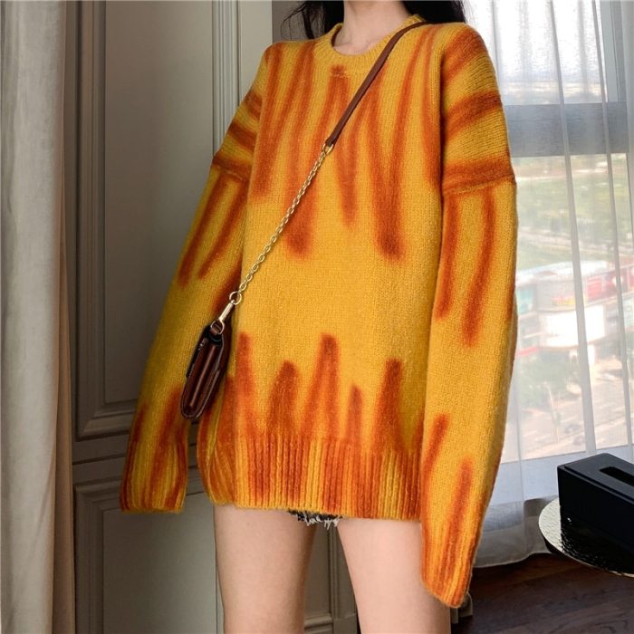 Knitted Sweater Women Elegant Green Striped Oversized Pullovers