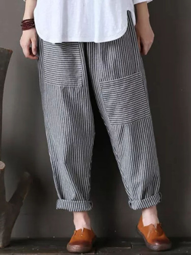 Women Striped Pants Elastic Waist Cotton Linen Loose Trousers Casual Streetwear