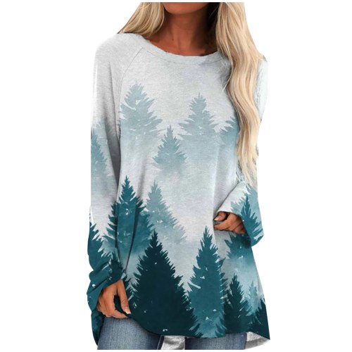 Woman fashion element forest landscape painting printing long-sleeved loose top