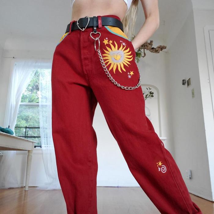 Women's Casual Straight Trousers Red High Waist Long Pants Vintage