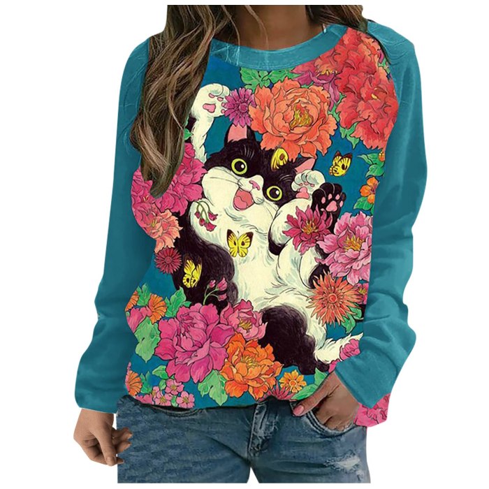 women's clothes casual round neck cute flower cat printing long-sleeved pullover