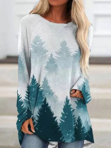 Woman fashion element forest landscape painting printing long-sleeved loose top