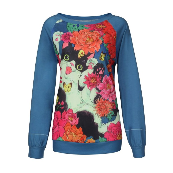 women's clothes casual round neck cute flower cat printing long-sleeved pullover