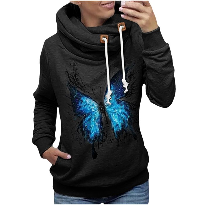 Women's winter hooded butterfly element printing high collar to keep warm