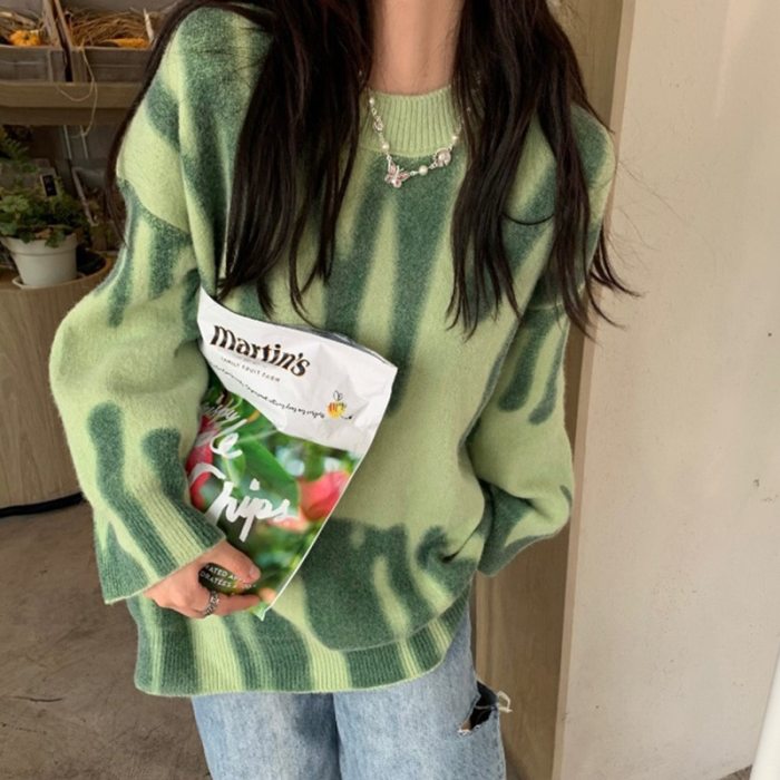 Knitted Sweater Women Elegant Green Striped Oversized Pullovers