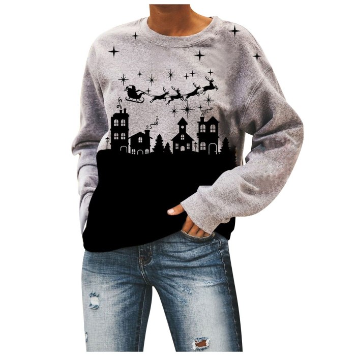 Women's winter pullover sweater pattern printing long-sleeved round neck pullover