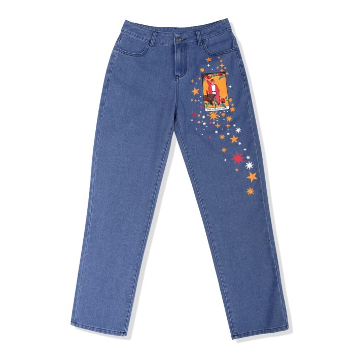 Cartoons Pattern Printed Denim Trousers Vintage Cute Jeans Blue