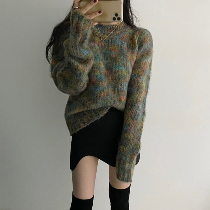New Retro Women Printing Sweater Pullovers Thick Knitted Casual