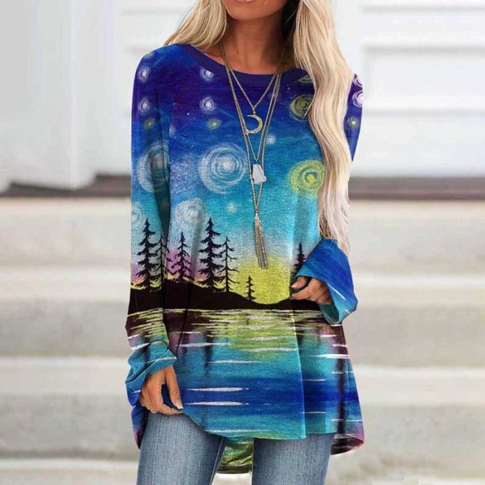 Landscape Print Oversized Women Blouse Fashion O-neck Long Sleeves Shirt Loose Tops