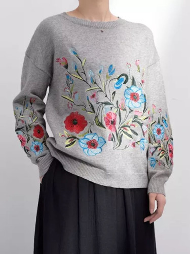 Spring Autumn Round Neck Long Sleeve Flower Embroidered Knitting Warm Loose Sweater Pollovers