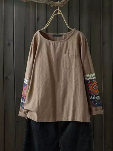 Women's Patchwork Blouse Stylish Printed Long Sleeve Shirts O Neck
