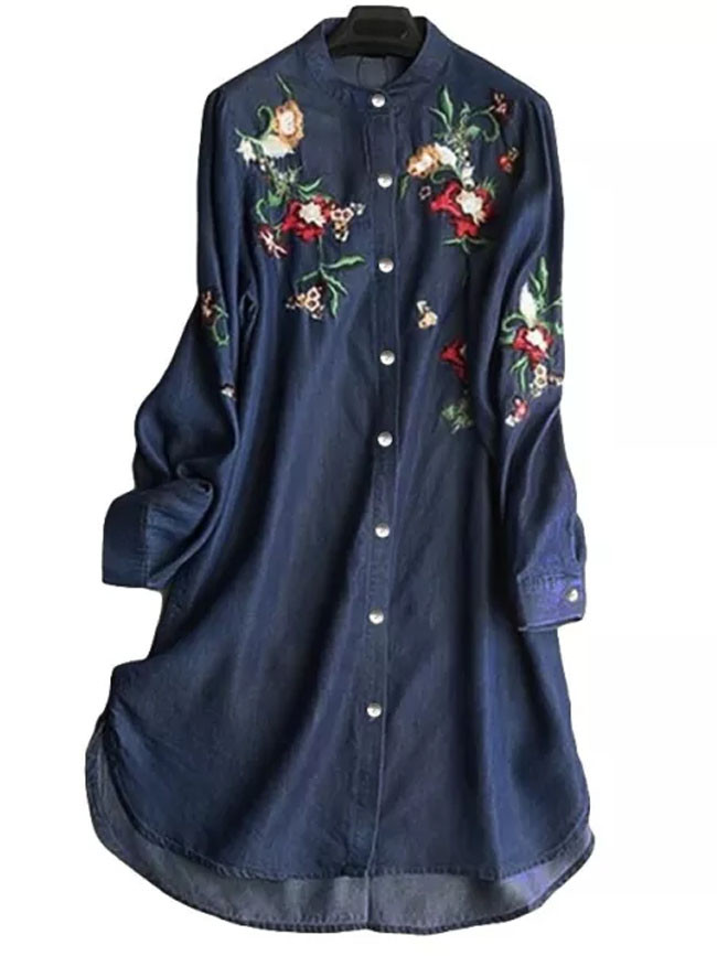 Fashion Denim Blue Shirt Women's Embroidery Blouse Casual Long Sleeve Female Button