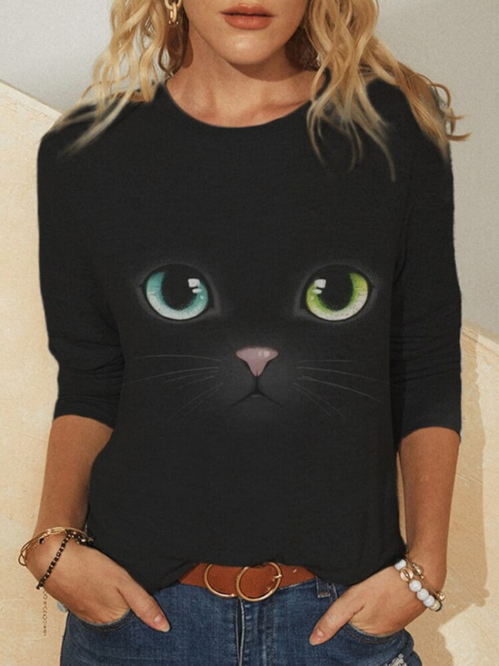 Cat Print Fashion Casual Long Sleeve Round Neck T-Shirt Spring Women's Clothing