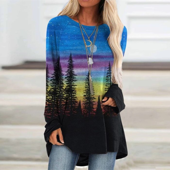 Landscape Print Oversized Women Blouse Fashion O-neck Long Sleeves Shirt Loose Tops