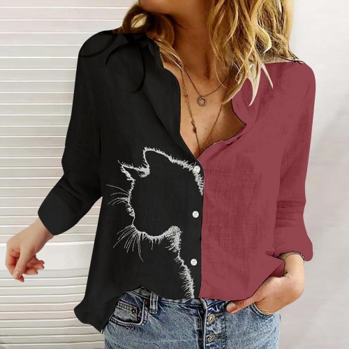Cat Print Blouse Cardigan Long Sleeve Shirt Tops Button Blouse