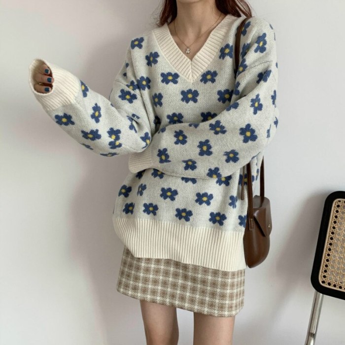 Women Sweaters Floral Printing Knitted Pullovers Retro Tops V-Neck Loose Knitwear
