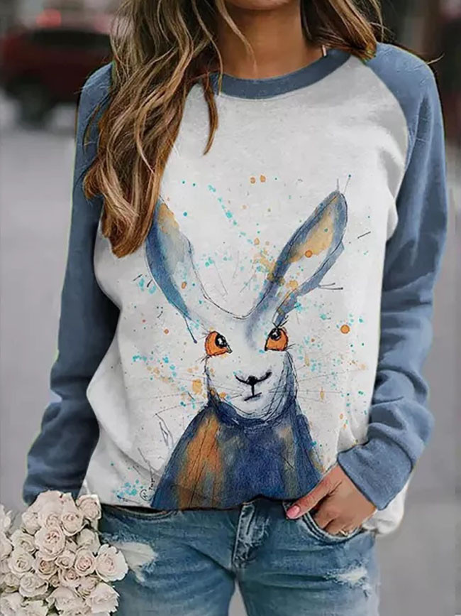 women's pullover sweater new cute rabbit print raglan long-sleeved