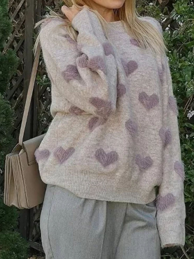 Heart Pattern Knit Pullover Sweater Soft Warm Cute Long Sleeve Fluffy Knitwear Female