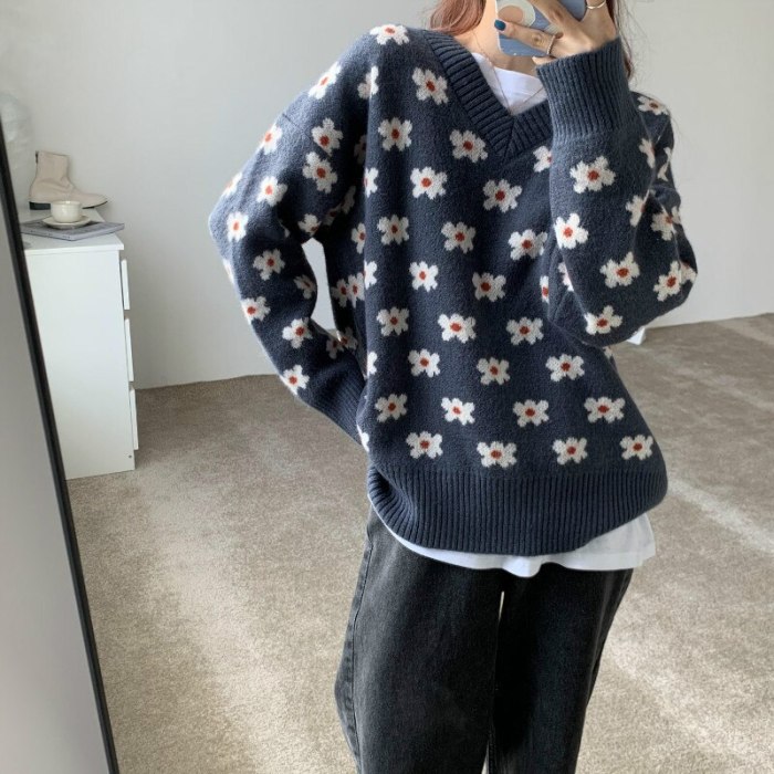Women Sweaters Floral Printing Knitted Pullovers Retro Tops V-Neck Loose Knitwear