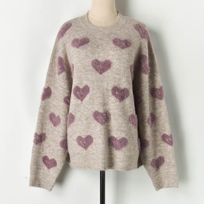Heart Pattern Knit Pullover Sweater Soft Warm Cute Long Sleeve Fluffy Knitwear Female