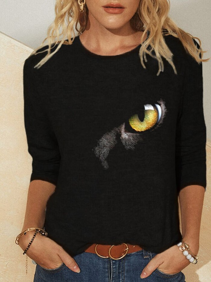 Cat Print Fashion Casual Long Sleeve Round Neck T-Shirt Spring Women's Clothing