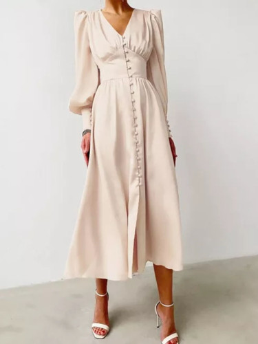 Elegant Retro Satin Dress Lantern Sleeves High Waist Slim V Neck Vintage Dresses