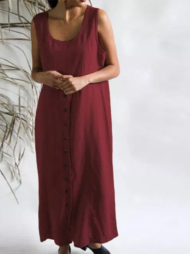 Summer Sleeveless Cotton Linen Long Dress Women Elegant Buttons Solid Sundress