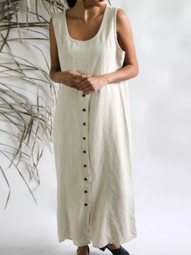 Summer Sleeveless Cotton Linen Long Dress Women Elegant Buttons Solid Sundress