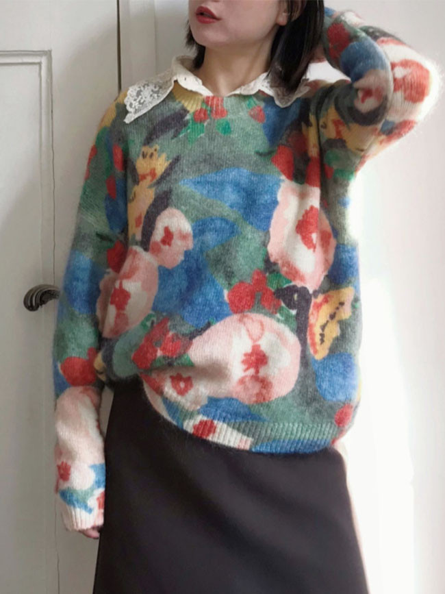 Wool Mohair Women Sweater Oil Floral Painting Print Loose Slim Knit Pullover Sweater