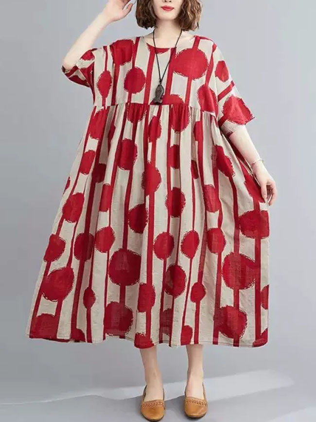 Vintage Polka Dot Simmer Dress Cotton Casual  Women Long Dress