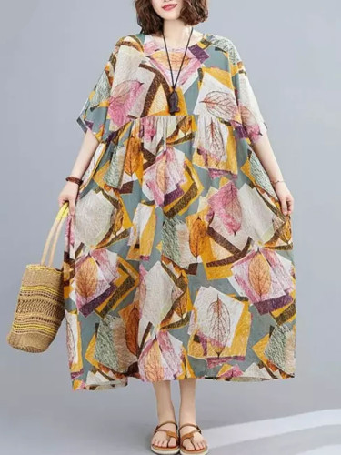 Cotton Summer Beach Dress Floral Print Long Elegant Casual Dress