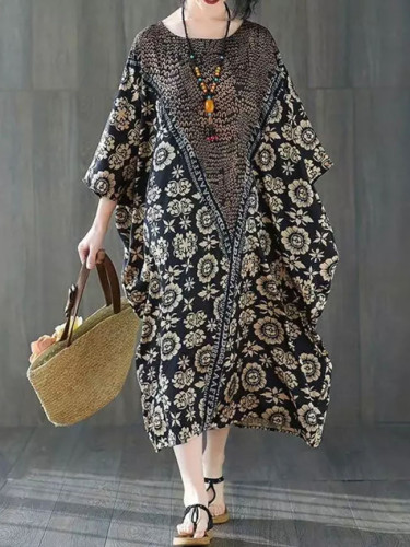 Silk Satin Dress Summer Vintage Floral Print Dresses for Women Batwing Long Dress