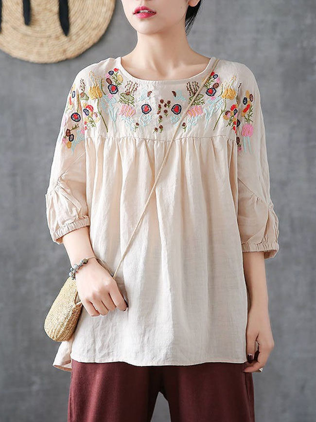 Summer Half Sleeve Embroidery Blouse Women Vintage Tops Casual Ruffles Shirt