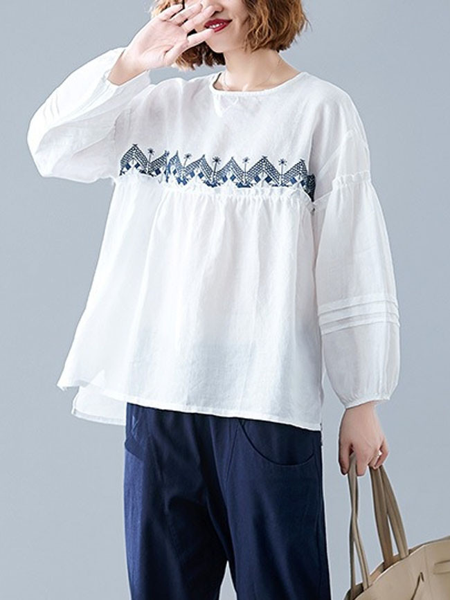 Embroidery Flowers Women O-neck Casual Shirts