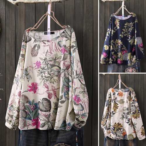 Women's Summer Floral Blouse Vintage Printed Tops Casual Long Sleeve Shirts
