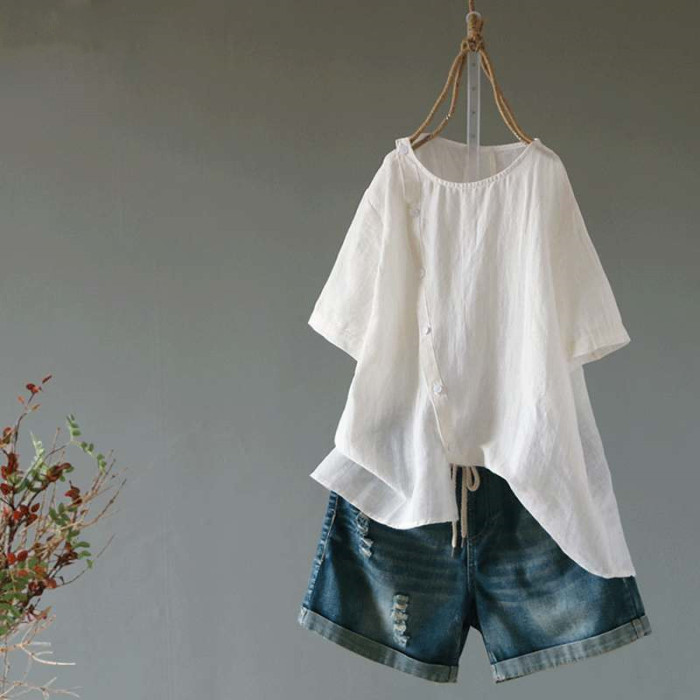 Fashion Summer Linen Women's Irregular Blouse Casual Short Sleeve Button Blouse
