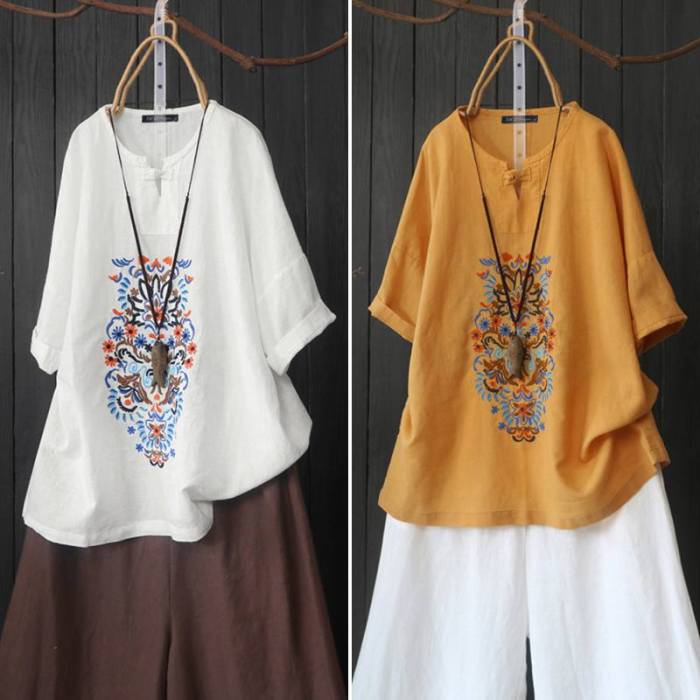 Floral Elegant Embroidery Shirts Casual Summer Solid Half Sleeve Button Tunic