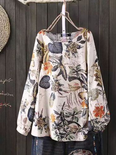 Women's Summer Floral Blouse Vintage Printed Tops Casual Long Sleeve Shirts