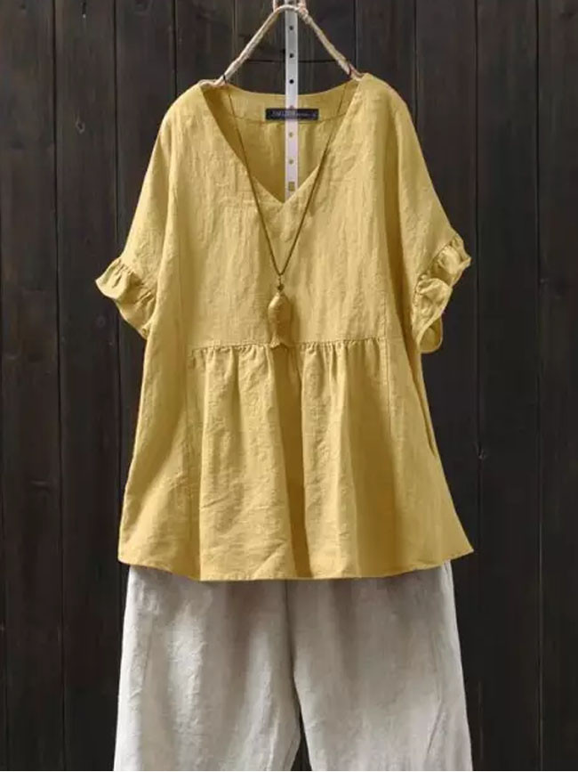 Summer Ruffle Tops Women's Linen Blouse V Neck Short Sleeve Female Shirts