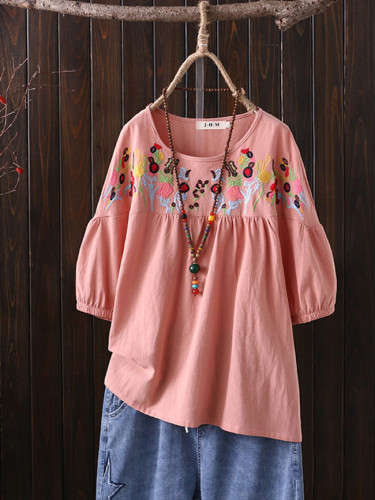 Women Embroidered Blouse Summer Short Sleeve Cotton Linen Shirt