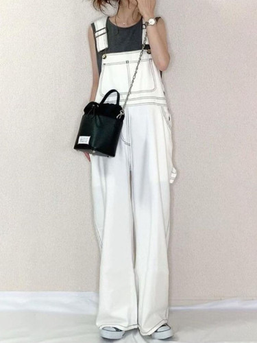 Summer White Denim Overalls Lazy Wind High Waist Ultra Loose Wide Leg Trousers Jumpsuit
