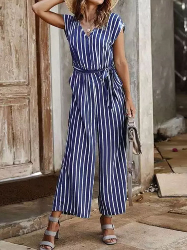 Summer Women Wide Leg Pockets Lace-Up Striped Casual Jumpsuits