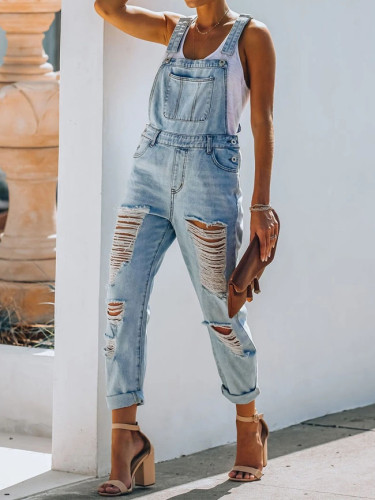 Fashion Denim Jumpsuits Hollow Out Design Pockets Sling Sleeveless Straight Jumpsuits