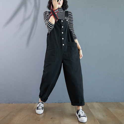 Autumn Casual Loose Jumpsuits Fashion Buttons Pockets Overalls Rompers