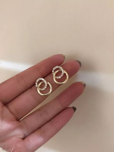 Simple Double Circle Gold Color Metal Rhinestone Drop Earrings